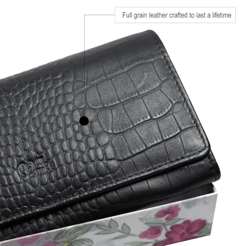 Image of Women's Top Grain Leather Wallet, RFID Blocking Bifold clutch, 17 Card Slots, Zip Pocket Organizer, Elegant Gift for Women - Birthday, Valentine, Anniversary - Croco Black