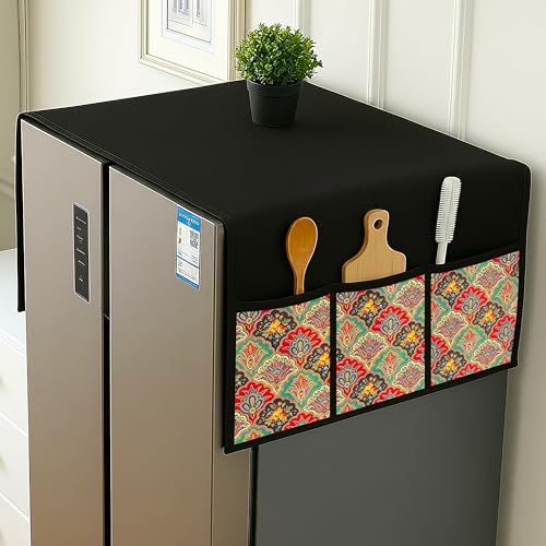 Image of Refrigerator Cover Double Door Waterproof, Dustproof, Refrigerator Top Cover, Protective Covers for Fridges with Extra Storage Space Nylon Top Fridge cover with 6 Storage Pockets (Flower, 170 x 65 cm)