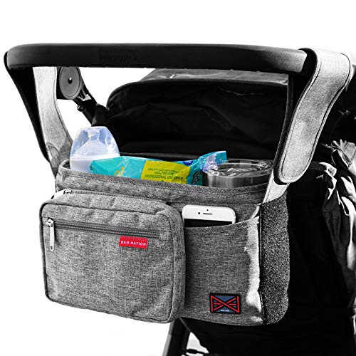 Image of Bag Nation Universal Stroller Organizer Caddy Featuring Cup Holders, Large Main Pocket Compatible with Uppababy, Baby Jogger, Britax, Bugaboo, BOB, Umbrella and Pet Stroller - Grey