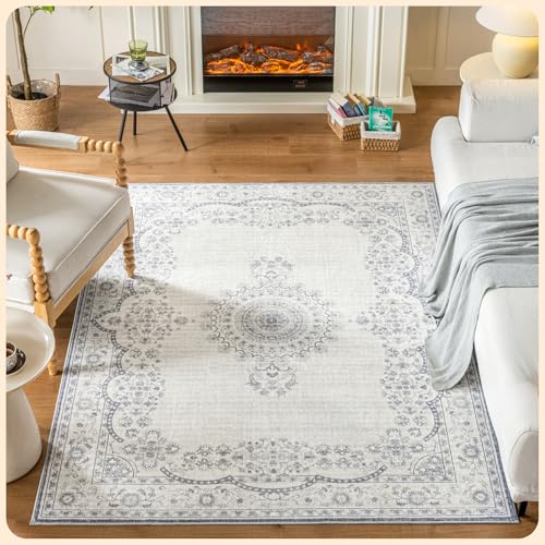 Istana 5x7 Area Rugs - Grey/White Cream Area Rug - Kid & Pet Friendly Machine Washable Rugs - 5x7 Washable Rug - Foldable Boho Bedroom Rug - Eco-Friendly Materials for Modern Living Room Rugs
