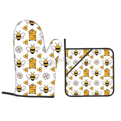 Oven Mitts and Pot Holders Set Bee Patterns Non-Slip Heat Resistant Oven Mitts and Potholder for Cooking Baking Grilling BBQ