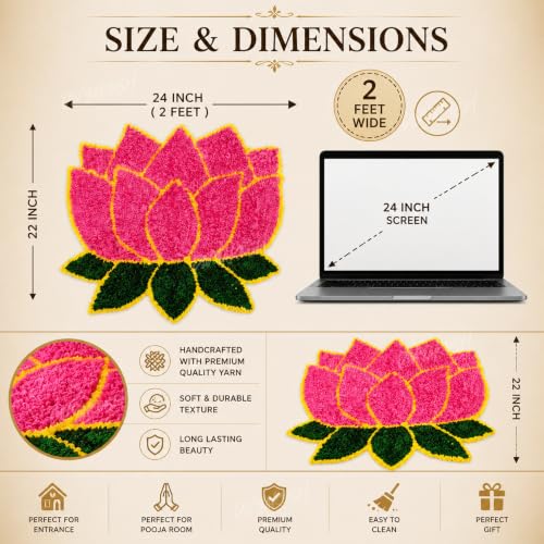 Image of Divyakosh Lotus Floor Mat 2 ft x 2 ft Artificial Grass Decorative Entrance Mat, Pink Lotus Rangoli for Home Entrance Temple Pooja Room Diwali Decoration Reusable Festival Decor