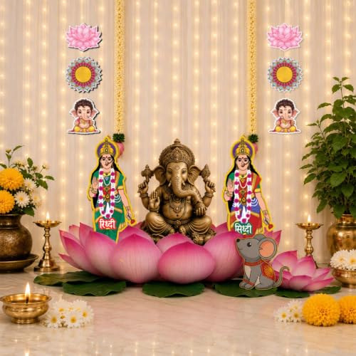 Image of Party Propz Ganpati Decoration Setup for Home - 25 pcs DIY Paper Lotus Makhar (Set of 2 Small & Big Lotus) with Cutouts, White Net Curtain & Light, Lotus Bud Hanging, Varalakshmi, Janmashtami Decor