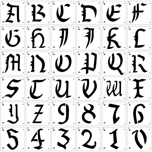 36 Pieces 3 Inches Old English Calligraphy Letters Number Stencils Set Old English Letters Stencil Gothic Calligraphy Stencils Small Font Letter Stencils Number Stencils for DIY Craft Painting Drawing