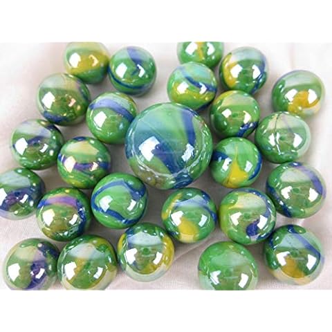 Big Game Toys~25 Glass Marbles Peacock Iridescent Green/Blue/Yellow Swirl Classic Style Game Pack (24 Player, 1 Shooter) Decor/Vase Filler/Aquarium Cover