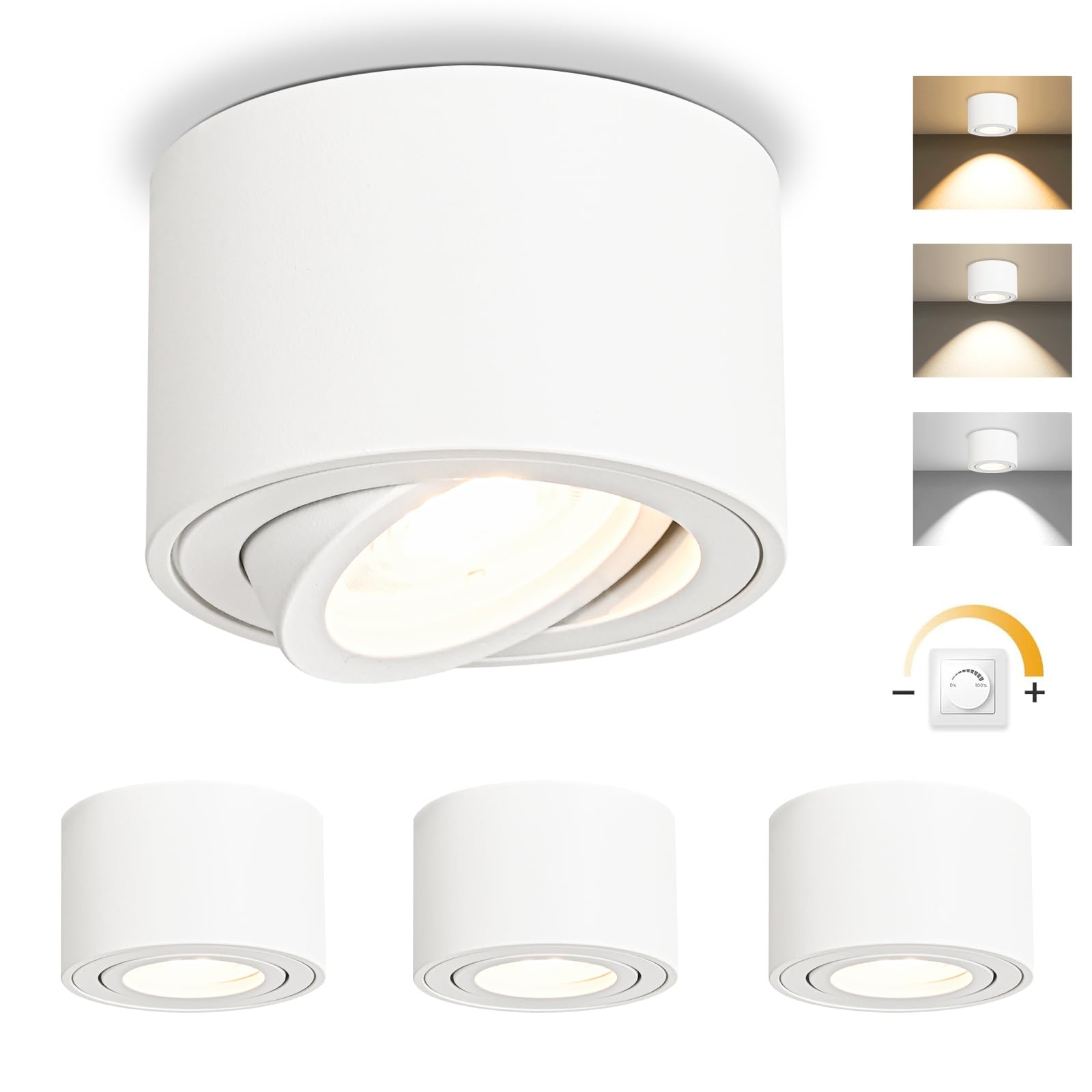 GeyouLux LED Aufbauspots Dimmbar - Extra Flach 30° Schwenkbar Ø80x50mm Deckenspots Weiß - inkl. 5W 500LM LED Modul 230V - 3000K/4000K/6500K Deckenstrahler Aufputz Spots Aufbaustrahler Rund 4 Stück