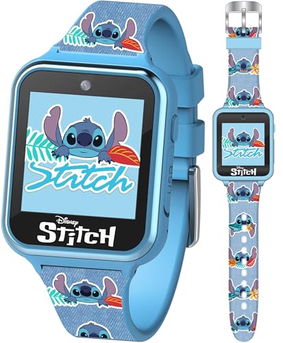 disney stitch kids smart watch with 10 customizable faces camera voice recorder calculator and step counter  touchscreen interactive watch for kids  blue silicone strap
