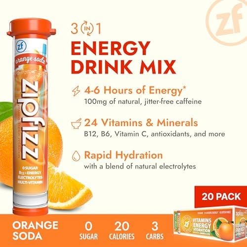 Image of Zipfizz Daily Energy Drink Powder, Orange Soda, 20 Pack | 3-in-1 Sustained Energy, Rapid Hydration, and Essential Vitamins | Sugar-Free | Electrolyte Powder | Contains Vitamin B-12 & Antioxidants