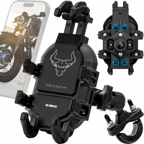 ELVANO Motorcycle Phone Mount Holder: Anti-Shake Phone Holder with Vibration Dampener for 4.7-7.2' Smartphone, Heavy Duty Adjustable Cellphone Clip Fits 0.6-1.3' Handlebar for Bike Bicycle Scooter ATV