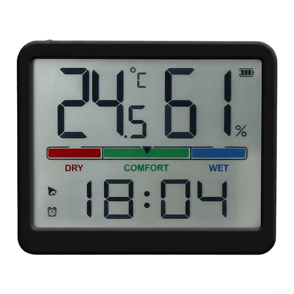 Reloj de pared digital LCD con monitor de temperatura y humedad, termohigrómetro interior con alarma, escritorio compacto o pantalla de hora montada en la pared para oficina en casa, blanco