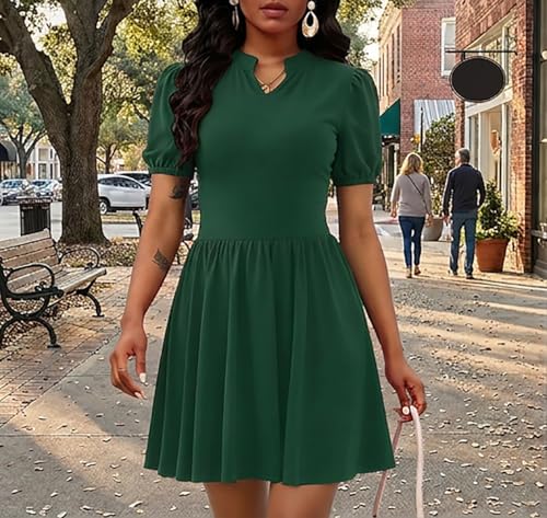 Image of Women's V Neck Summer Dress Puff Short Sleeve Flowy Stretchy Flowy Comfort Fit for Daily Wear Work Midi Casual Dresses