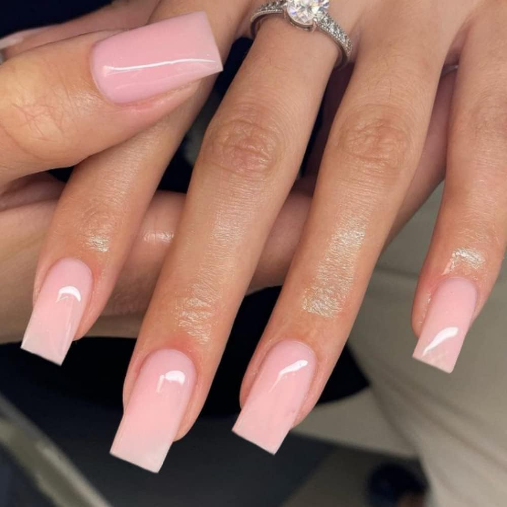 SXVME Light Pink Press on Nails Long Square, Pastel Pink False Nails Medium Coffin, Glossy Gel Fake Nails Press on - Image 2