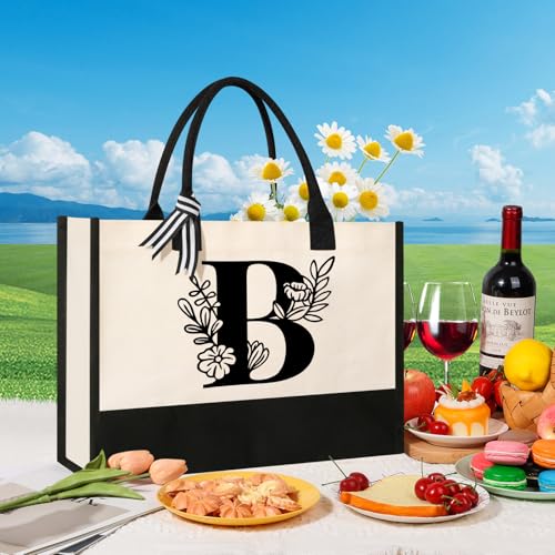 Image of Personalized Initial Canvas Tote Bag, Suitable for Birthday, Wedding, Beach, Holiday, Gifts for Women, Mom, Teachers, Nurses, Best Friends, Bridesmaids (B)