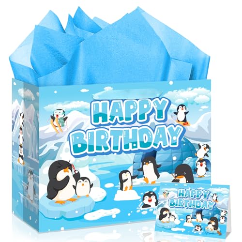 Spriggenix Penguin Birthday Decorations Penguin Party Supplies Gift Bags with Wrapping Tissue Paper and Greeting Card for Boys Girls Kids Teens Birthday Baby Shower Winter Party Favors Decor