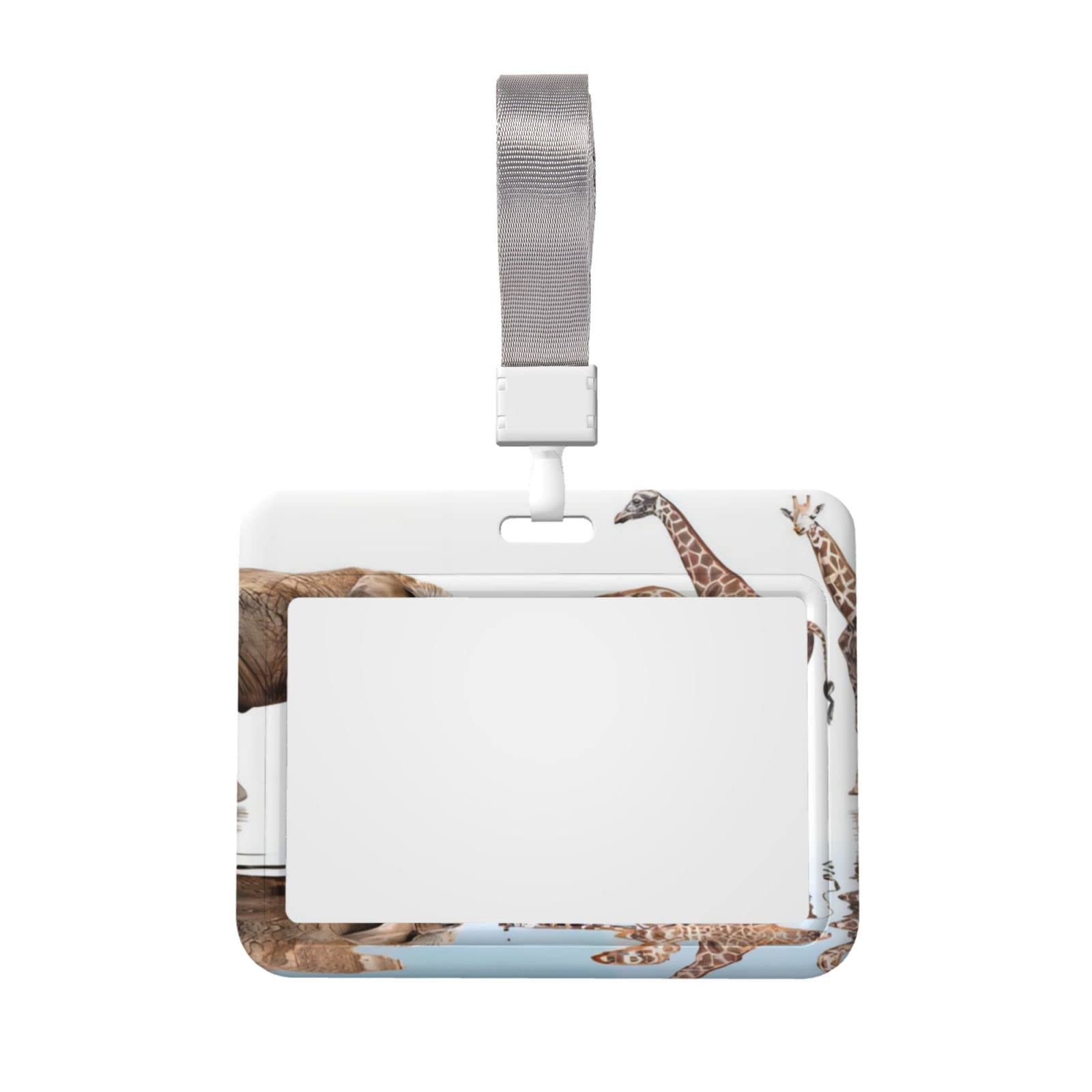 TOPUNY Giraffe and Elephant Printed Badge Holder with Lanyard (Horizontal Section), Sliding Design, Transparent Window