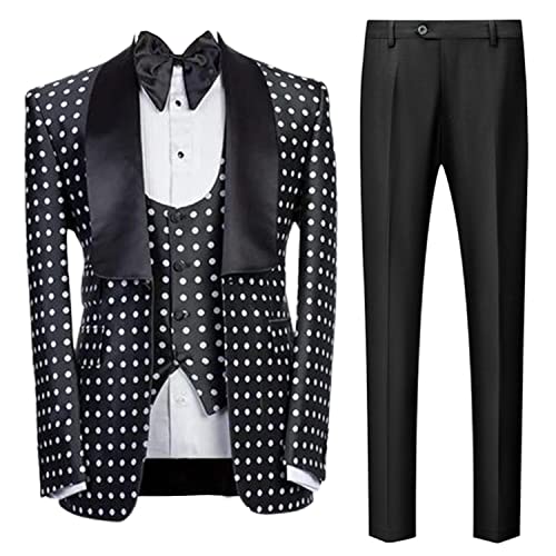 Men's Polka Dots Groom Suit Jacket and Vest Pants 3 Pieces Set Wedding Party Tuxedos