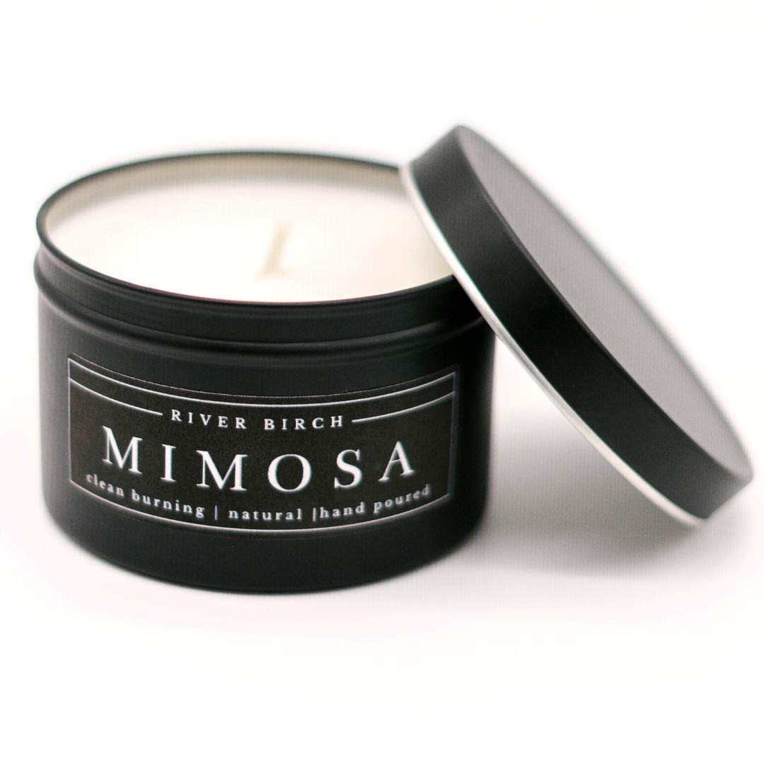 River Birch Candles Mimosa Scented Candle | Premium, All-Natural, Non-Toxic, Soy Candles | 8 oz. Black Matte Tin Travel Candle | Cozy Relaxing Gifts for Home