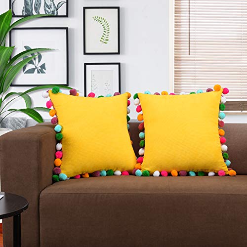 Leegleri Ginger Yellow Decorative Pom-Poms Throw Pillow Cover thumb #2