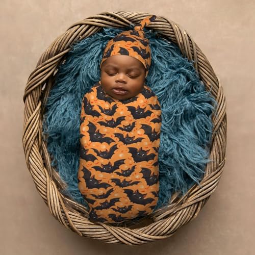 Image of Halloween Big Eyes Bat with Moon Newborn Swaddle Blankets Hat Sets Soft Baby Receiving Blanket Swaddle Sack for Baby Shower Infant Boy Girl Gift