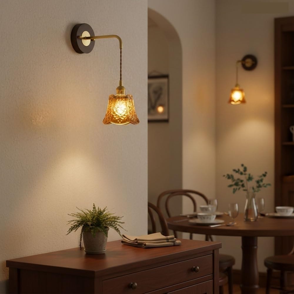 Amber Flower Glass Wall Sconce, Ash Wood Base Wall Light, Mid Century Indoor Wall Lamp for Bedroom, Bedside, Hallway, Living Room, Entryway, Apartment, Reading Corner, Loft Parlor