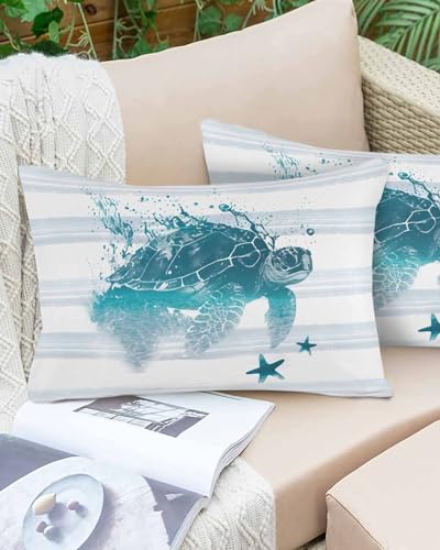 Boanket Lumbar Pillow Covers 12 x 20 in, Sea Turtle Waterproof Throw Pillow Cover Set of 2, Coastal Nautical Teal Starfish Summer Beach Home Decorative Rectangle Cushion Covers for Patio/Couch/Garden