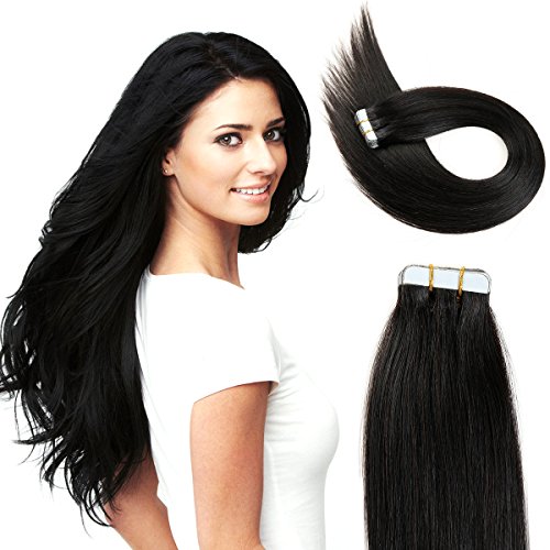 Tape In Human Hair Extensions 16 Inch 20pcs 40g/pack Slilky Straight Seamless Skin Weft Remy Hair 1b# Off Black Color