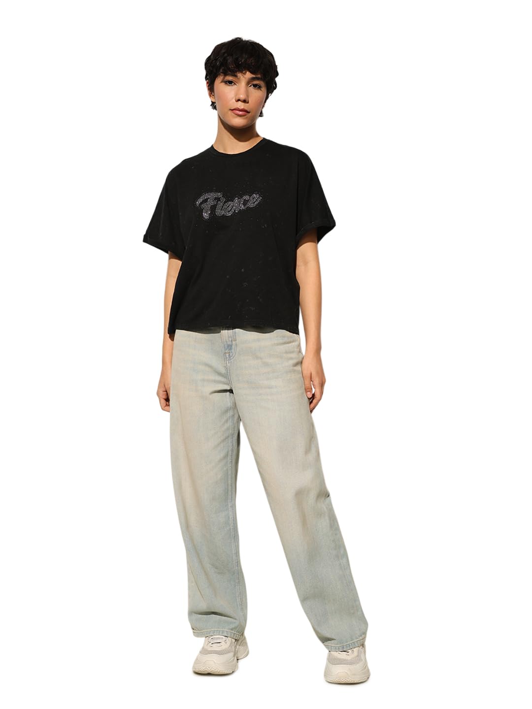 ONLY Onlbianca Life S/S Stone Fold-Up Top JRS, Black, M