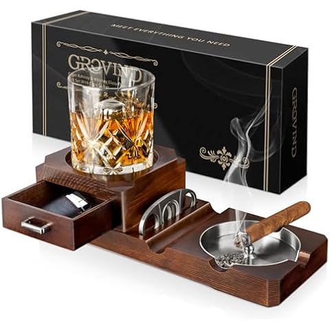 Grovind Cigar Ashtrays, Whiskey Glass Tray and Wooden Ash Tray Detachable Outdoor Ashtray for Cigarettes, Cigar Accessories Gift Set with Cigar Cutter, Great Decor for Home Office Cigar Gifts for Men Cover