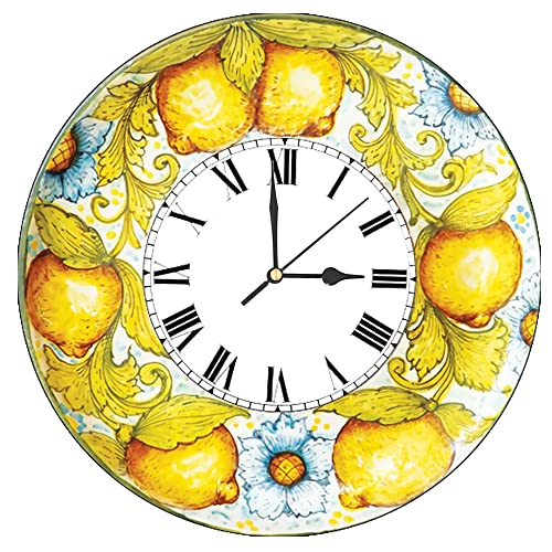 Napolamp Orologio Tondo in Ceramica da Parete con Stampa Decorativa Limoni Adatto per Ogni Ambiente della casa dell'ufficio e dello Studio. Disponibile in Varie Misure