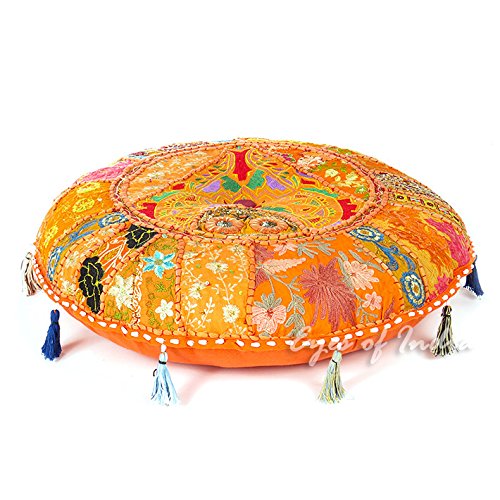 Eyes of India - 22" Orange Round Colorful Floor Pillow Cover Seating Meditation Patchwork Patchwork Cushion Decorative Throw Indian Boho Chic Bohemian Accent Handmade COVER ONLY
