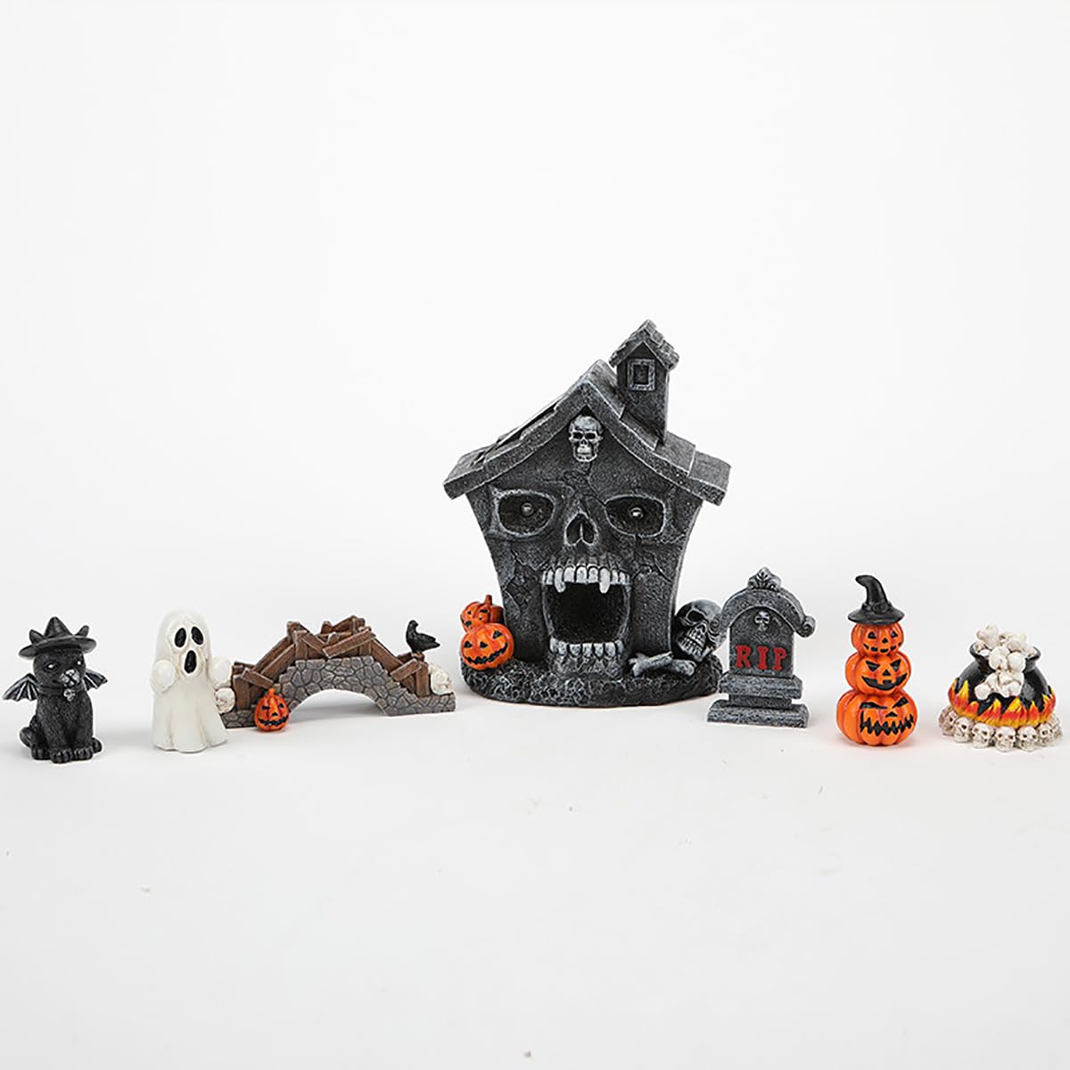 Semeid Halloween Decor Accessories – 7-Piece Resin Mini Figurines & Haunted House LED Night Light for Indoor Tabletop, Shelf & Mantel Décor, Haunted Party & Horror Room Accent (No Batteries Included)