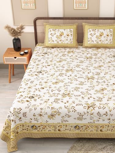 Image of 144 TC 100% Cotton Bedsheet for Double Bed King Size with 2 Pillow Covers | Breathable & Super Soft Rajasthani Sanganeri Jaipuri Printed Bed Sheet - 90 * 108 Inches (Floral Brown White)