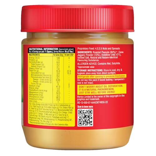 Image of Saffola Peanut Butter with Jaggery, Creamy 350 gm | High Protein Peanut Butter | No Refined Sugar (Pack of 3)