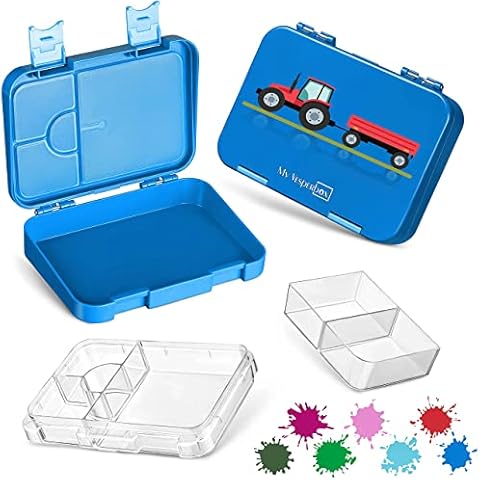 My Vesperbox Bento Box Children's Lunch Box with 4 + 2 Compartments Extremely Robust Lunch Box Ideal for Nursery and School (Blue - Tractor with Trailer) Cover