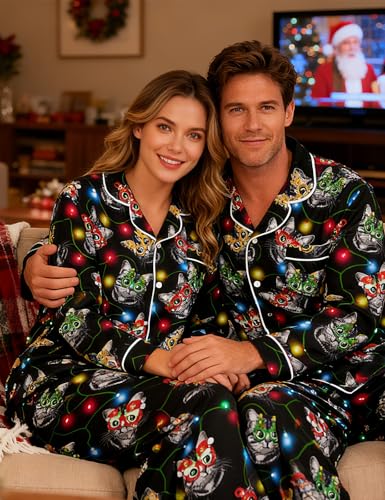 Image of RAISEVERN Couples Christmas Matching Pajamas 2 Piece Women Men Xmas Pjs Soft Pajama Set Long Sleeve Loungewear Warm Sleepwear