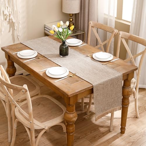 LUOYEHK Boho Table Runner with Fringe 12x120 Inch Farmhouse Rustic Table Runner Coffee Linen Table Runner for Dining Party Wedding Decoration(one Piece)