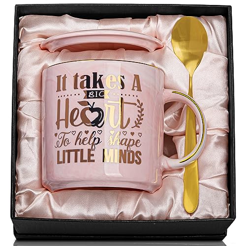 Teacher Appreciation Gifts for Women, Best Thank You Teachers Mug Gift from Student - 14Oz Pink Marble Ceramic Cup with Gold Print, Teacher Graduation Gifts Ideas with Spoon Elegant Box Christmas Gift