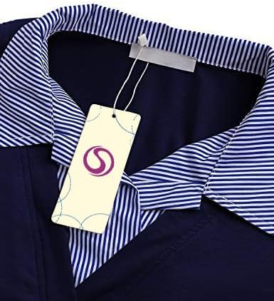 Women's Long Sleeve Contrast Collar Shirt A-line Pleated Office Tunic - Image 3