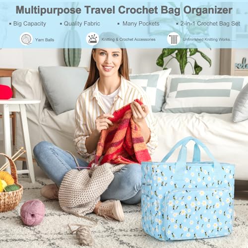 Image of Katech Large Crochet Bag with Beginner Crochet Books, Yarn Storage Organizer Crochet Travel Bag for Crochet Hook, Knitting Accessories, Knitting Bag Crochet Tote Bag for Crochet Lover Gift