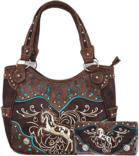 Tooled Leather Laser Cut Western Style Horse Cowgirl Purse Country Totes Women Handbag Everyday Shoulder Bags Wallet Set