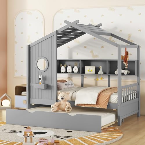 Twin Bed Frames for Kids House Bed with Trundle and Shelves Wood Playhouse Platform Bed Frame with Window and Fence for Boys Girls Gray 744 L x 427 W x 72 H