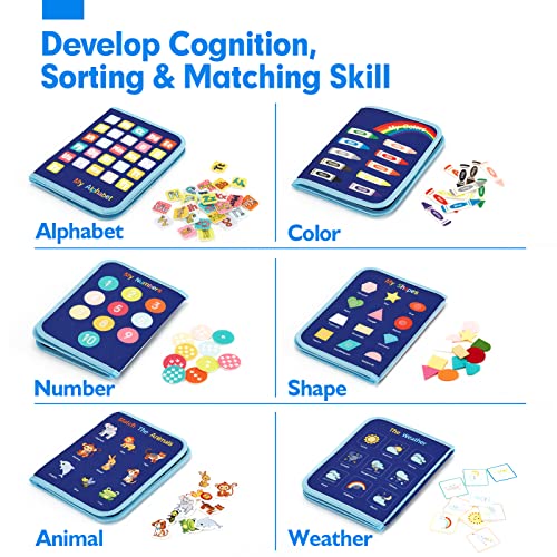 Image of hahaland Montessori Busy Board for Toddlers, Preschool Learning Activities | Life Skills, Alphabet, Number, Shape, Color, Animal, Weather, Toddler Boy Learning Educational Busy Book Airplane Travel Toy