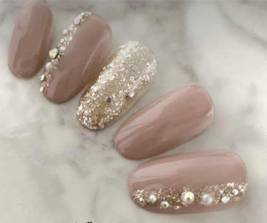 Artificial Nails: Glossy Nude Glitter/Shape Long Oval (Set of 12 with nail glue, nail file, cuticle pusher, cleaning wipe)-picture-53