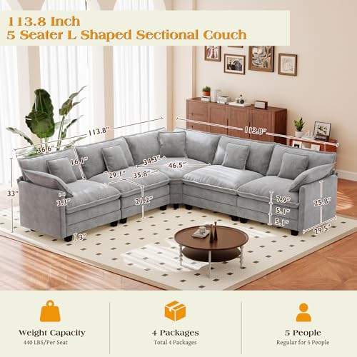 Image of 113.8 inch Modular Sectional Sofa,Cloud Couch for Living Room,Modern Deep Seat Sofa 5 Seater Chenille Fabric Comfy L Shaped Couches with Throw Pillows for Apartment