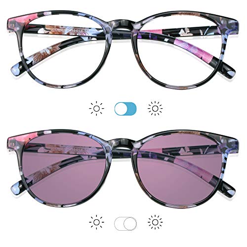Image of YEIN Blue Light Blocking Glasses, Spring Hinge Photochromic Pink Sunglasses, Computer Reading Glasses, Gaming Glasses, TV Glasses for Women(Pink Floral,+2.75 Magnification)