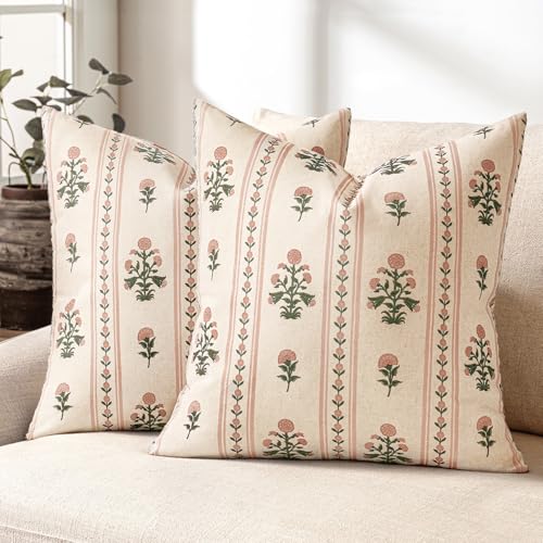 SWANCOCO Striped Floral Throw Pillow Covers 18x18 Inch Set of 2 Pink