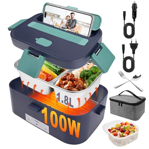 Czoele 100W Fiambrera Electrica 1.8L 3 en 1 Tartera Eléctrica Cuenco Eléctrico Portatil 12V/24V/220V Calentador de Comida para Coche Camión y Trabajo Fiambrera Termica Termo Comida Caliente (AZUL)
