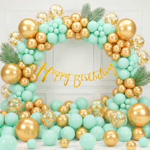 Image of Happy Birthday Decoration Kit for Baby Teenage Girls Men Women Adults Home Table Year With 30 Pc Light Green Gold Balloons 1 Pc Golden Happy Birthday Cursive Banner Items Set Combo