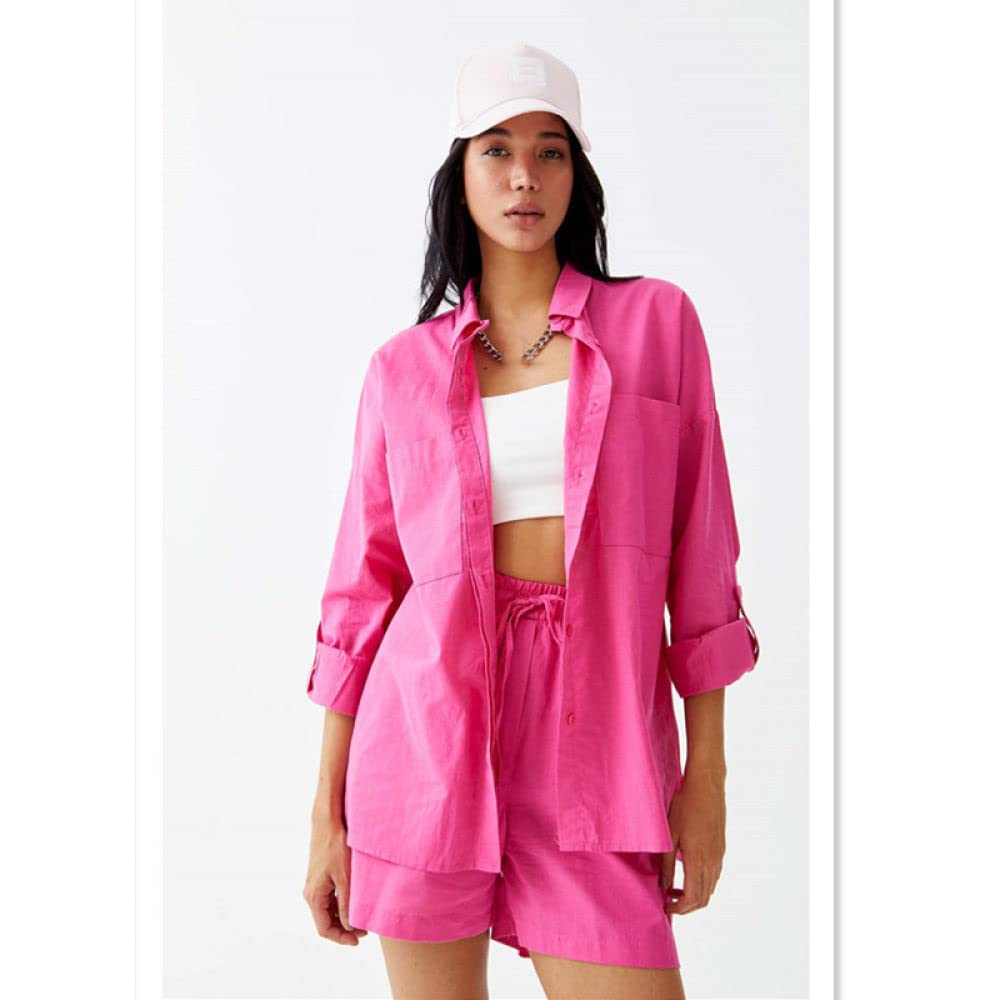 Camiseta Manga Corta Mujer, Camisetas De Mujer, Pantalones Cortos, Conjuntos De 2 Piezas, Trajes, Rosa, Rojo, Solapa Sólida, Camisa Con Botones, Atuendo De Verano, Mangas Largas Plegables, Bolsillo