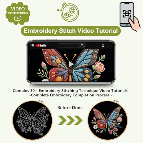 Image of Santune Embroidery Kit Needlepoint Cross Stitch Kits for Beginners Adult Needle Point Sets with Butterfly Embroidery Patterns, Includes Step-By-Step Instructions and Accessories